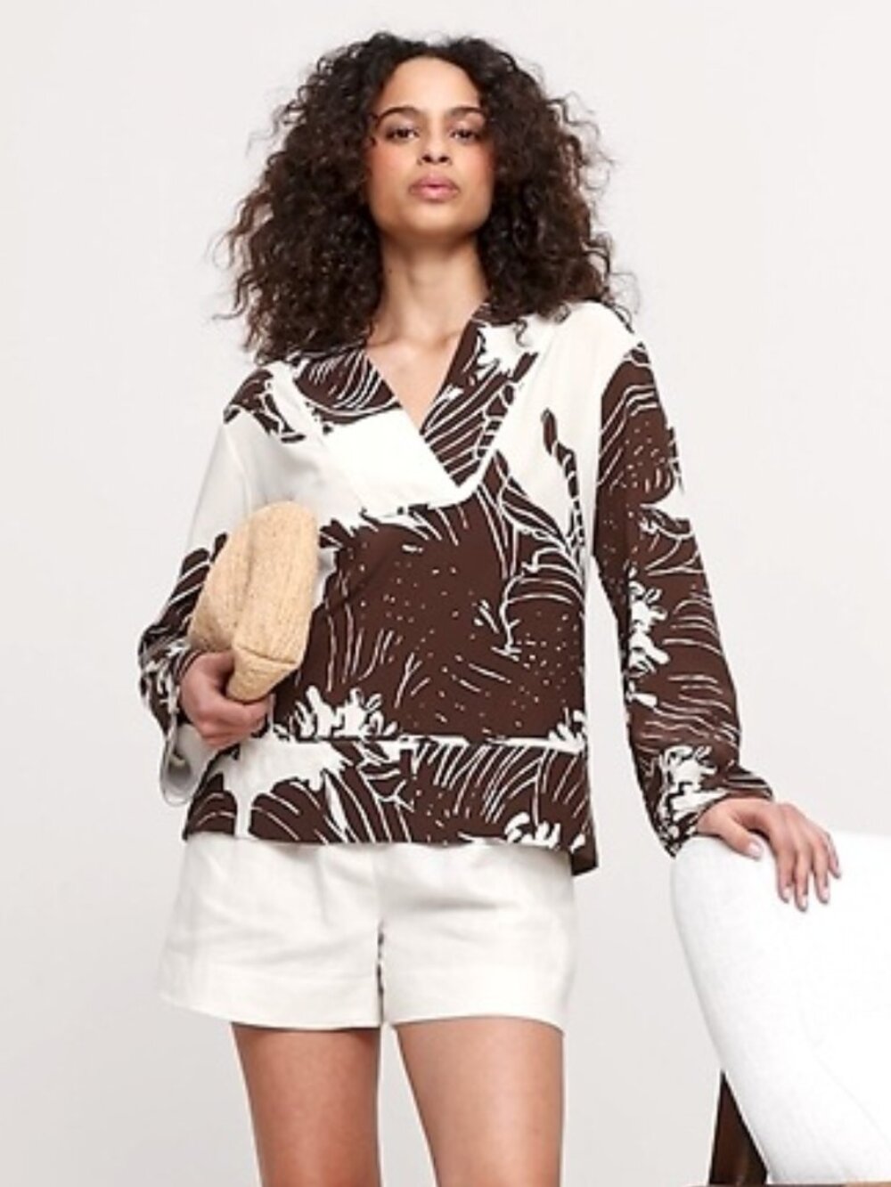 Banana Republic Brown and White Floral V-Neck Tunic